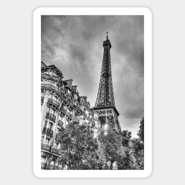 Eiffel Tower Paris, Behind The Town Houses, Black And White Sticker by tommysphotos